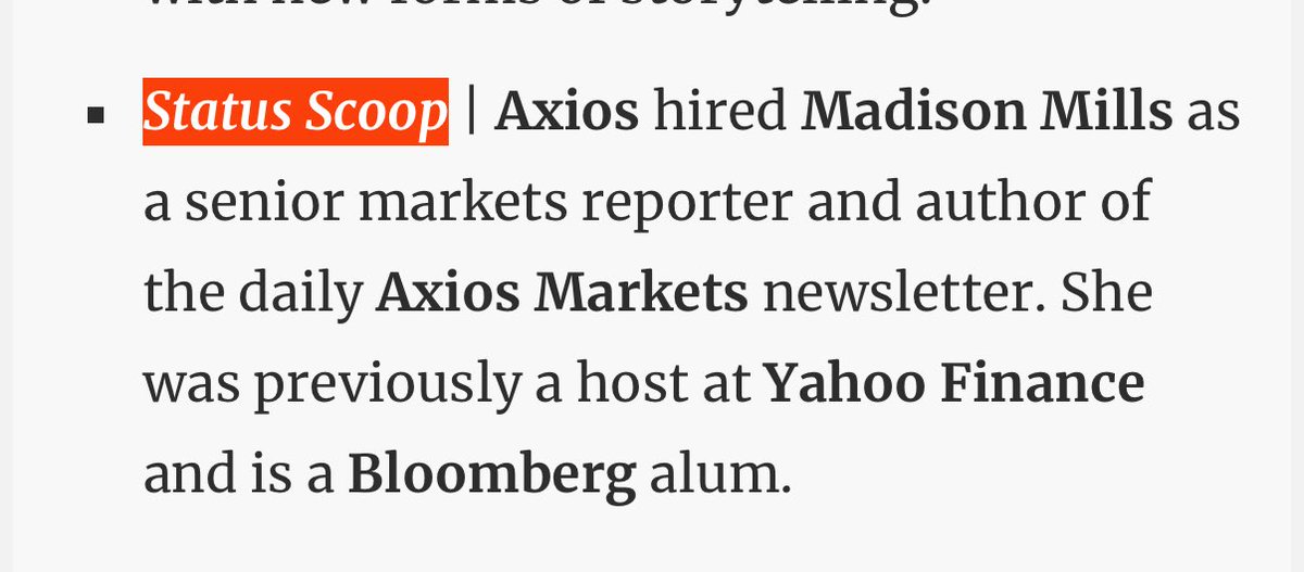 MadisonMills22's tweet image. Some personal news featured in @oliverdarcy’s newsletter: I’m thrilled to be joining @axios as a senior markets reporter! Can’t wait to get started with this incredible newsroom.