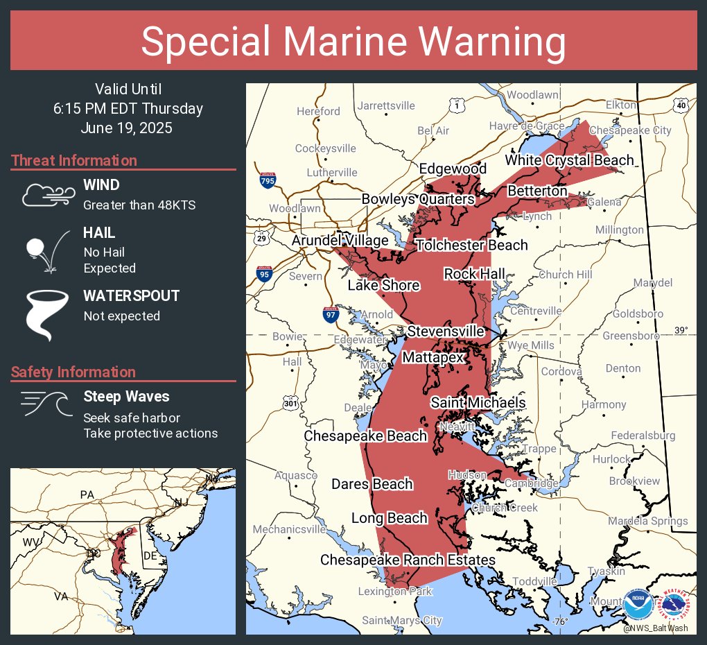 Special Marine Warning including the Chesapeake Bay from North Beach to Drum Point MD, Chesapeake Bay from Pooles Island to Sandy Point MD, Chesapeake Bay north of Pooles Island MD, Chesapeake Bay from Sandy Point to North Beach MD and Eastern Bay until 6:15 PM EDT