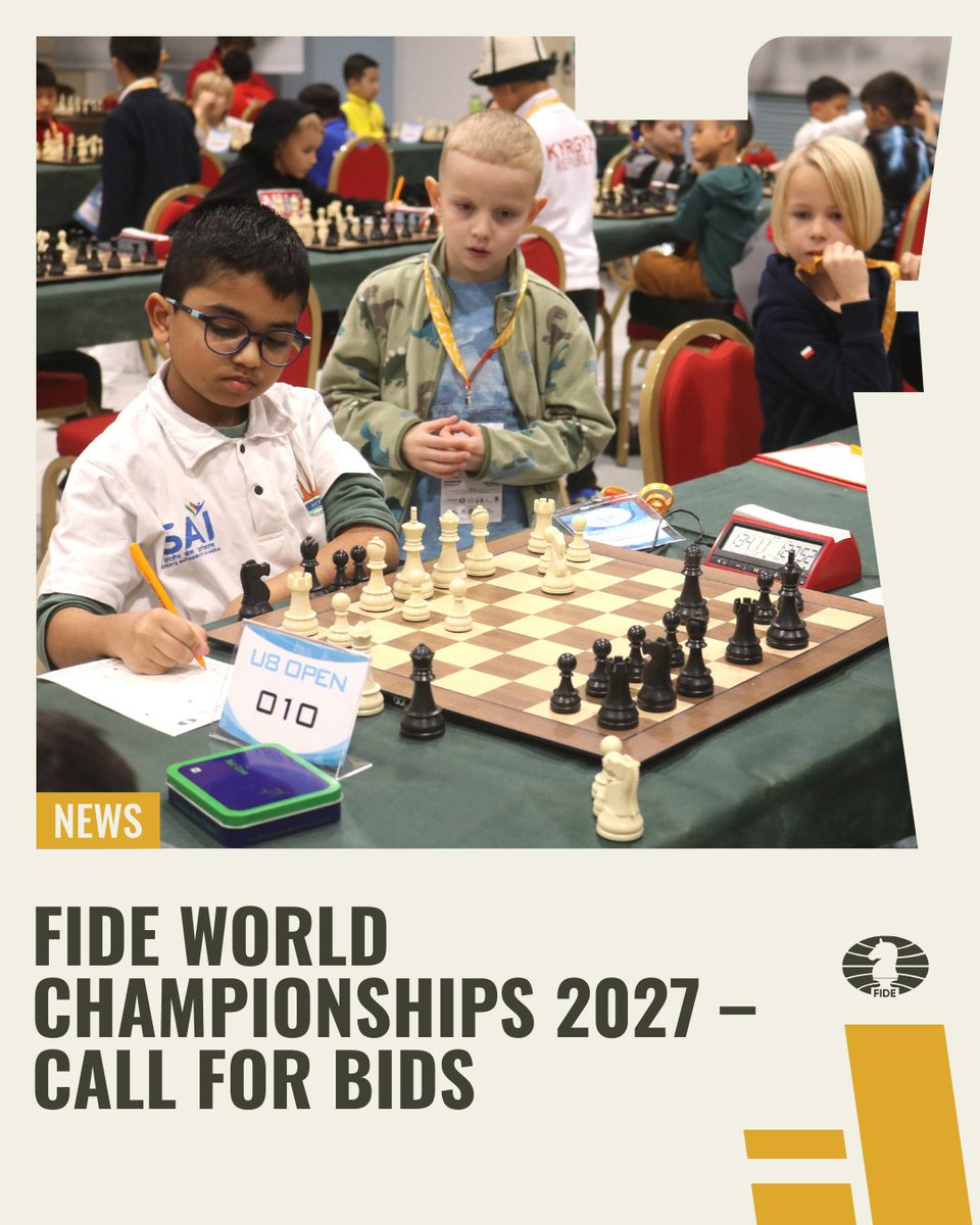 ❗️FIDE World Championships 2027 – Call for bids ❗️

FIDE Events Commission has announced “Call for Bids FIDE World Championships” and invites FIDE member Federations to participate.

The bidding deadline is September 15, 2025, 15:00 CET.

There are 9 competitions in the list:
