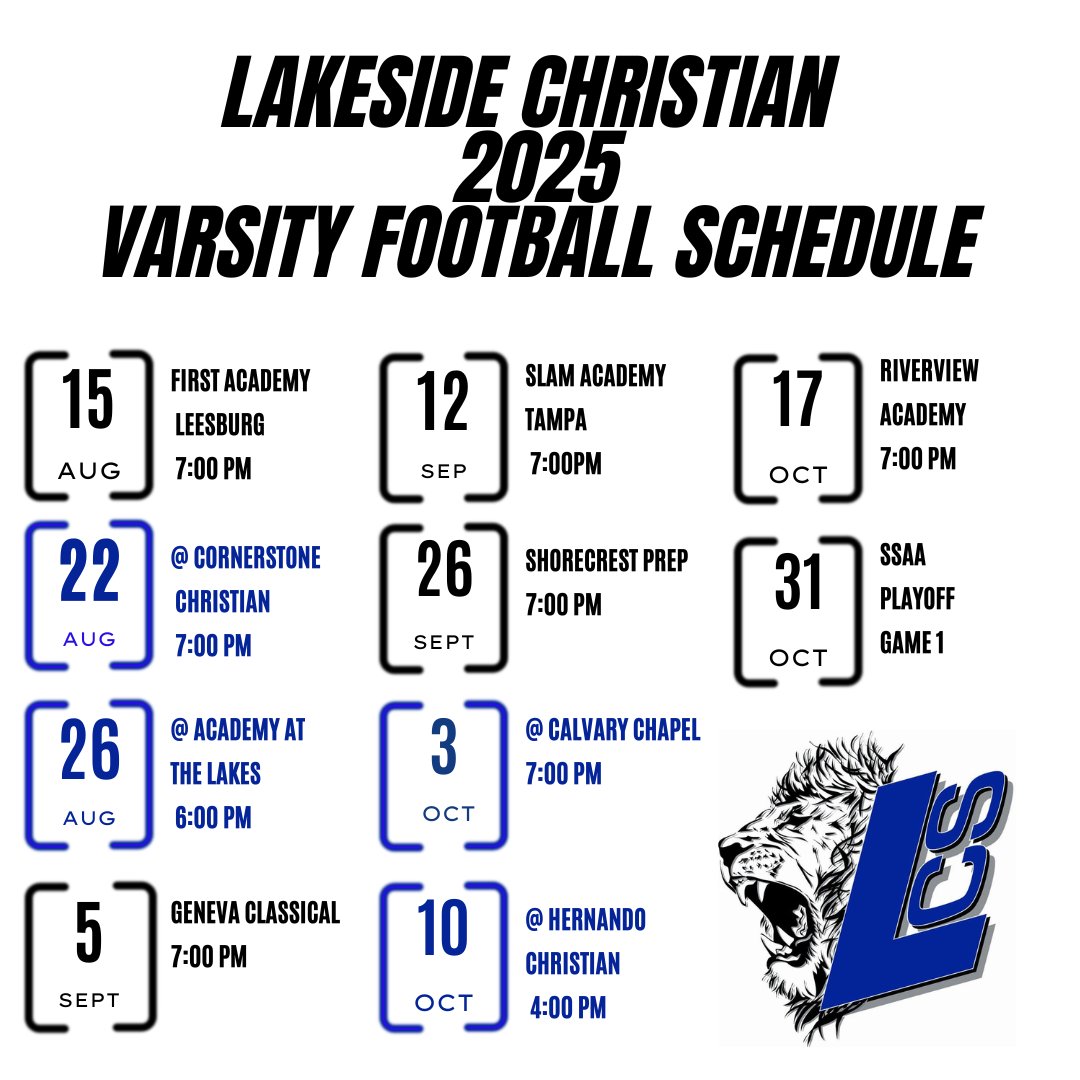 Lakeside Christian Athletics (@lionslcs) on Twitter photo Lakeside Christian 2025 Football Schedule
<a href="/Biggamebobby/">Bob Putnam</a> <a href="/FlaHSFootball/">FloridaHSFootball.com</a> <a href="/Andy_Villamarzo/">Andy Villamarzo</a> <a href="/SSAAAthletics/">SSAA Athletics</a> <a href="/SSAAFootball/">SSAA Football</a> Lakeside Christian 2025 Football Schedule
<a href="/Biggamebobby/">Bob Putnam</a> <a href="/FlaHSFootball/">FloridaHSFootball.com</a> <a href="/Andy_Villamarzo/">Andy Villamarzo</a> <a href="/SSAAAthletics/">SSAA Athletics</a> <a href="/SSAAFootball/">SSAA Football</a>