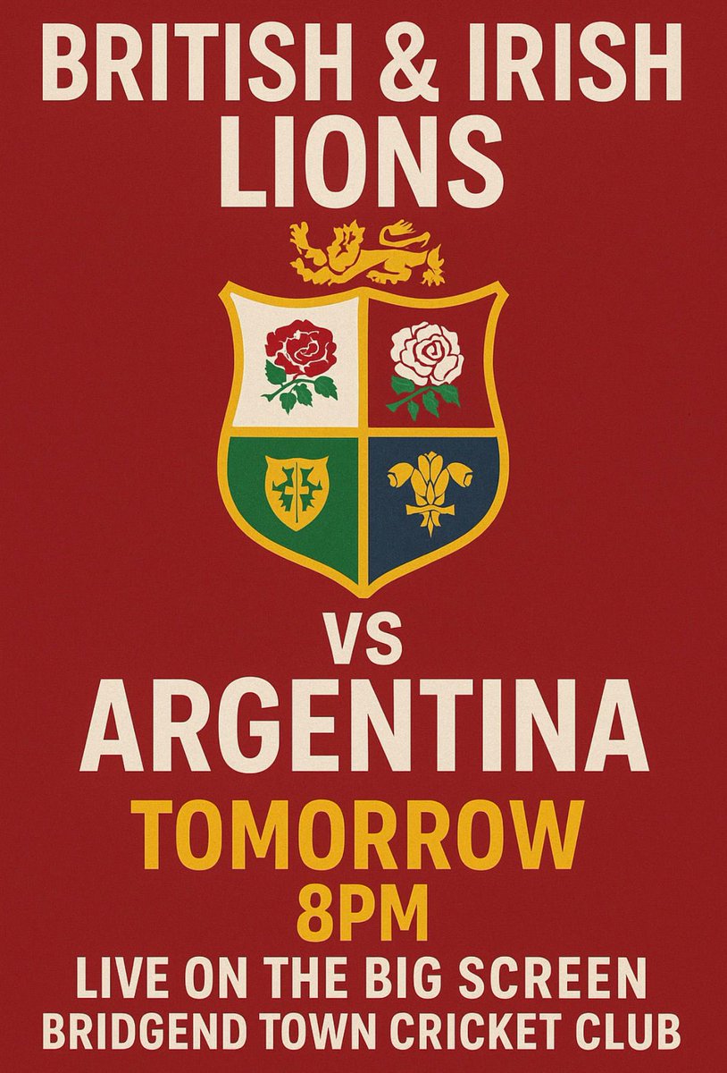 Bridgend Town CC (@bridgendtowncc) on Twitter photo 🏉 Lions V Argentina live in the club tomorrow night. 
Club will be open from 6pm for juniors and all stars/ dynamos so get yourselves down to Newbridge Fields ☀️🍻🏉 🏉 Lions V Argentina live in the club tomorrow night. 
Club will be open from 6pm for juniors and all stars/ dynamos so get yourselves down to Newbridge Fields ☀️🍻🏉