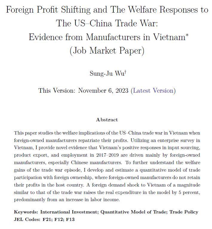 Brian McCaig (@brianmccaig) on Twitter photo Join us on Tuesday, June 24, 11 am ET, for the next Vietnam online seminar. Sung-Ju Wu will present “Foreign Profit Shifting and The Welfare Responses to The U.S.–China Trade War: Evidence from Manufacturers in Vietnam.”
Register here: eventbrite.ca/e/vietnam-firm…
<a href="/SungJuWu/">Sung-Ju Wu</a> Join us on Tuesday, June 24, 11 am ET, for the next Vietnam online seminar. Sung-Ju Wu will present “Foreign Profit Shifting and The Welfare Responses to The U.S.–China Trade War: Evidence from Manufacturers in Vietnam.”
Register here: eventbrite.ca/e/vietnam-firm…
<a href="/SungJuWu/">Sung-Ju Wu</a>