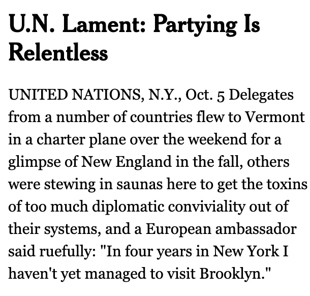 As we approach the 80th anniversary of the <a href="/UN/">United Nations</a> charter, I have been looking back at news reports on previous UN anniversary years.  This from <a href="/nytimes/">The New York Times</a> in 1975, is hard to beat.