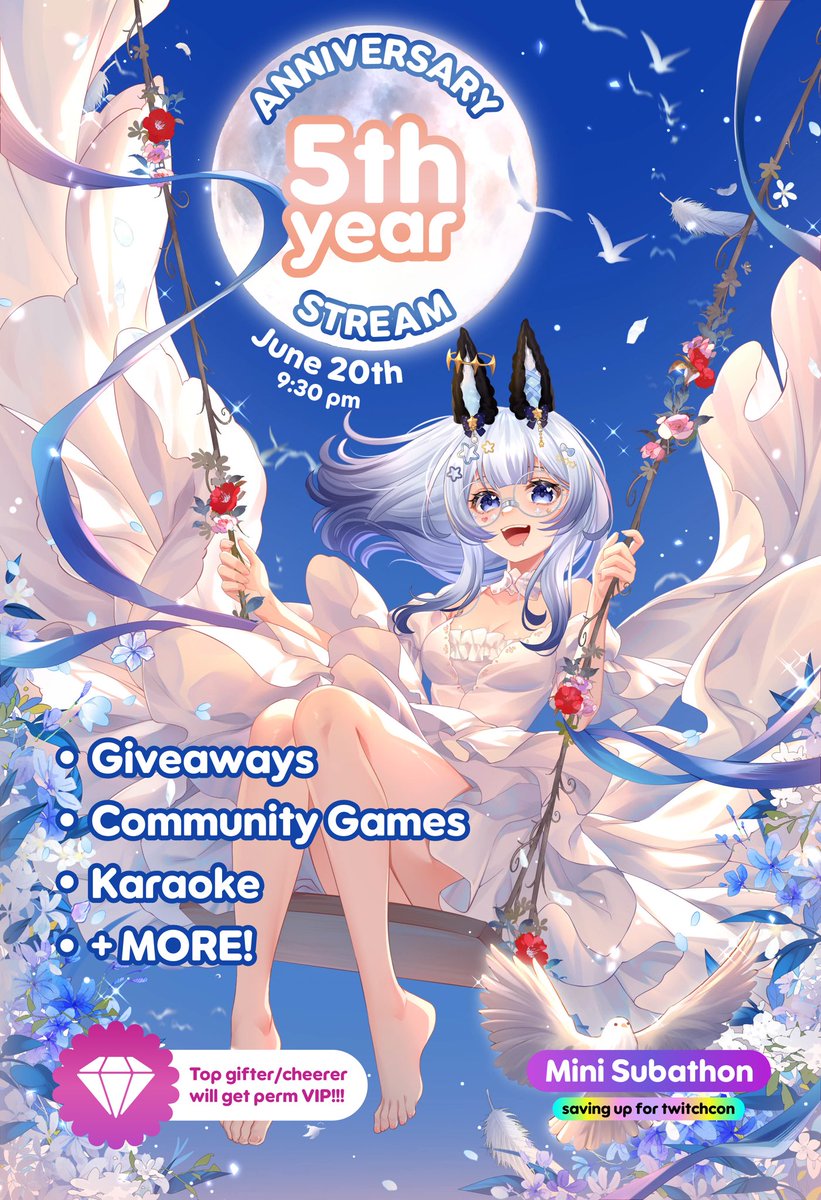 TOMORROW AT 9:30 PM HST, IM HOSTING A MINI SUBATHON!!!
this is to celebrate my 5 years of streaming!!! top gifter/cheerer will get VIP :)
this is to save up money for twitchcon/disneyland!
I hope to see you guys there!!! im excited :)