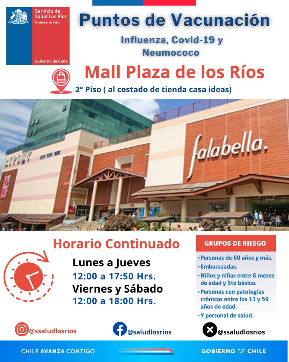 📣 #LosRíos, mañana viernes 20 de junio el punto de vacunación ubicado en el mall plaza de los ríos funcionara de forma normal con horario continuado para todos los grupos de riesgo.

📍 2° piso (a un costado de tienda casa ideas)

#Valdiviacl #ElRanco #TodosPorLaVacunación