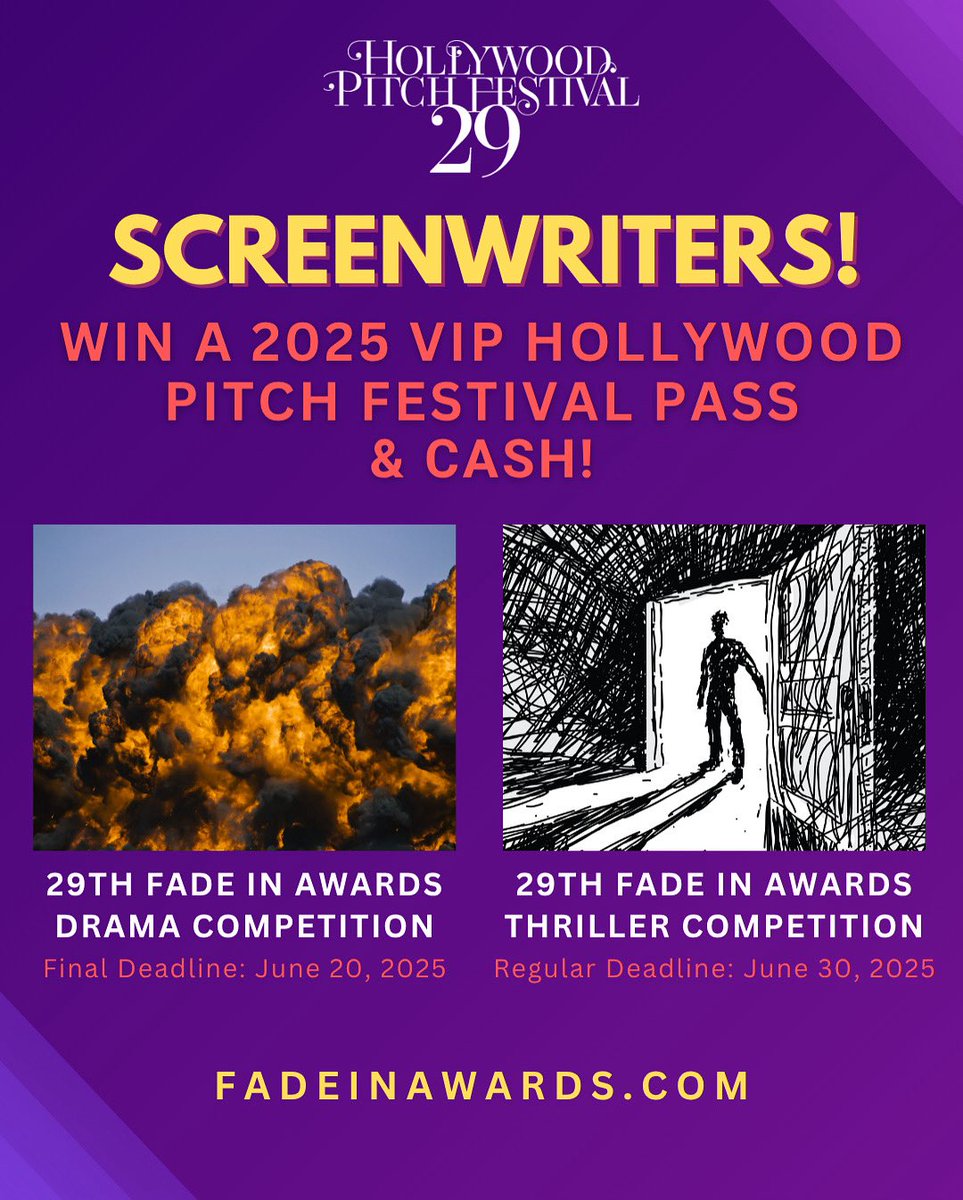 Want to Win a Pass to Pitch Your Script to Hollywood?!

Enter the <a href="/fadeinawards/">29th Fade In Awards Screenwriting Competition</a> &amp; u could win a VIP Pass to the Hollywood Pitch Festival (Aug 2-4)!

Only 2 comps left:
Drama (Final Deadline: June 20)
Thriller (Regular Deadline: June 30)

FadeInAwards.com
#screenwriting