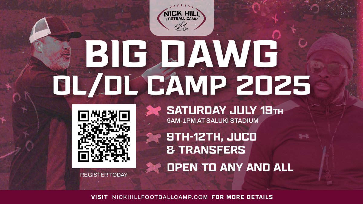 I NEED TO SEE ALL THOSE TOP LINEMAN THIS JULY!!! BEEN WORKING ON YOUR CRAFT ALL SUMMER LET’S SEE THOSE RESULTS AT THE SIU BIG MAN CAMP!!! WHERE MY DAWGS AT?