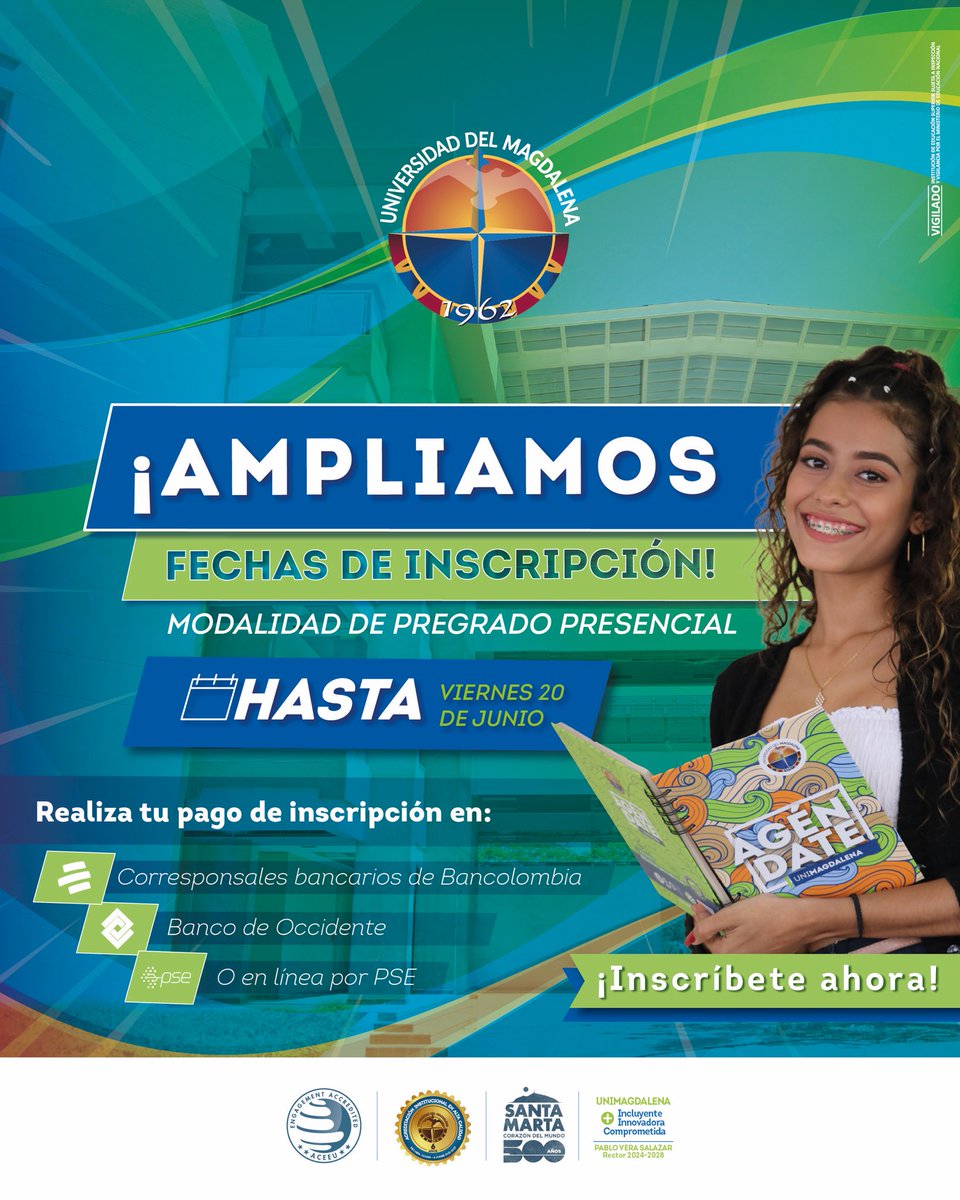 📢 ¡Último llamado! Hasta mañana podrás inscribirte en nuestra modalidad de pregrado presencial y ser parte de la Familia UNIMAGDALENA 💙✨.

Elige uno de los 23 programas académicos y da el primer paso hacia tu futuro profesional.

👉 admisiones.unimagdalena.edu.co/modulosAspiran…

#InscripcionesUM
