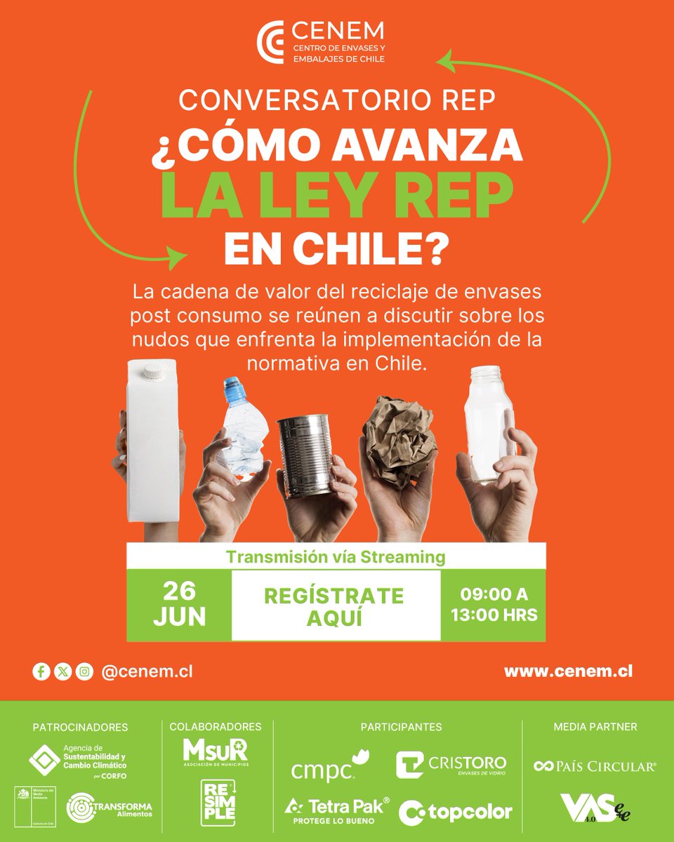[CONVERSATORIO] ¿Cómo avanza la Ley REP en Chile? CENEM invita a los principales exponentes de la industria de packaging a identificar y analizar lo que está impidiendo la implementación efectiva de esta normativa. Regístrate y accede al streaming lnkd.in/dmYjKZsx