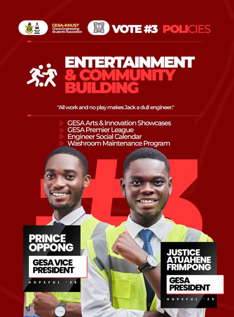 Prince Twumasi Oppong (@_princeoppong) on Twitter photo Engineers deserve balance because it’s not always formulas and deadlines.
 JAF and Prince believe that a strong engineering community isn’t built on books.
 NUMBER 3 on the BALLOT SCREEN
 #UnitedForYou | #GetInvolved* Engineers deserve balance because it’s not always formulas and deadlines.
 JAF and Prince believe that a strong engineering community isn’t built on books.
 NUMBER 3 on the BALLOT SCREEN
 #UnitedForYou | #GetInvolved*