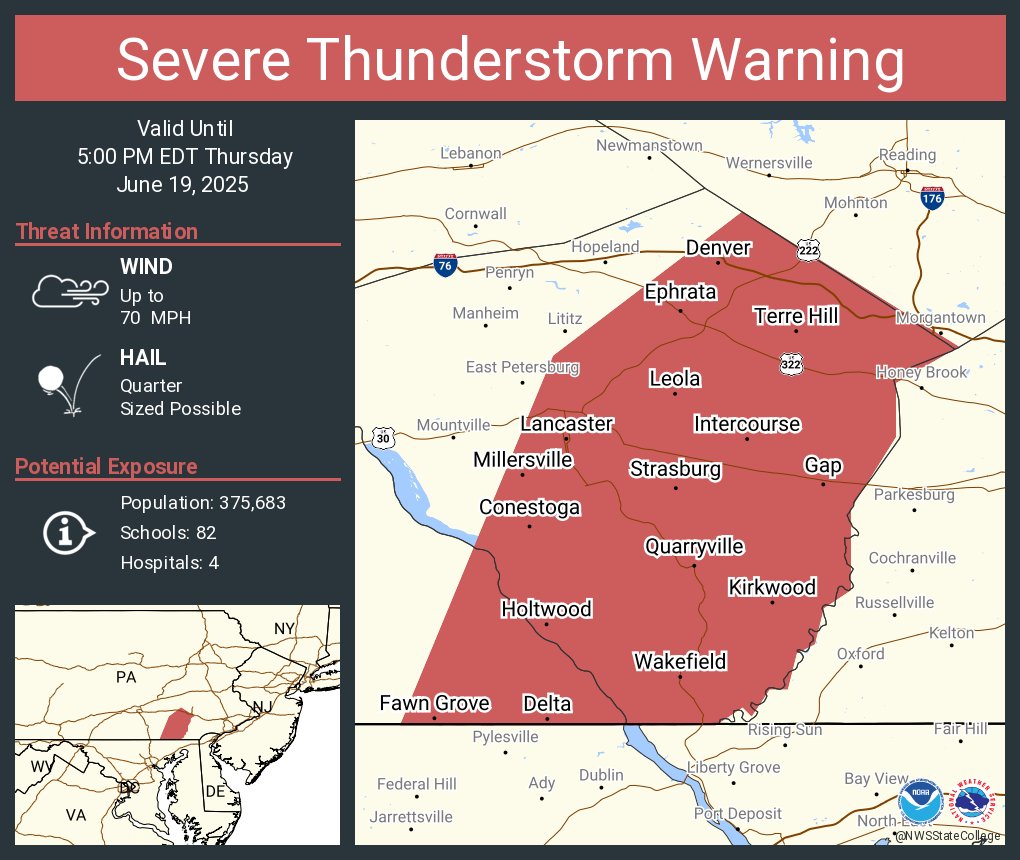 Severe Thunderstorm Warning continues for Lancaster PA, Ephrata PA and  Millersville PA until 5:00 PM EDT. This storm will contain wind gusts to 70 MPH!