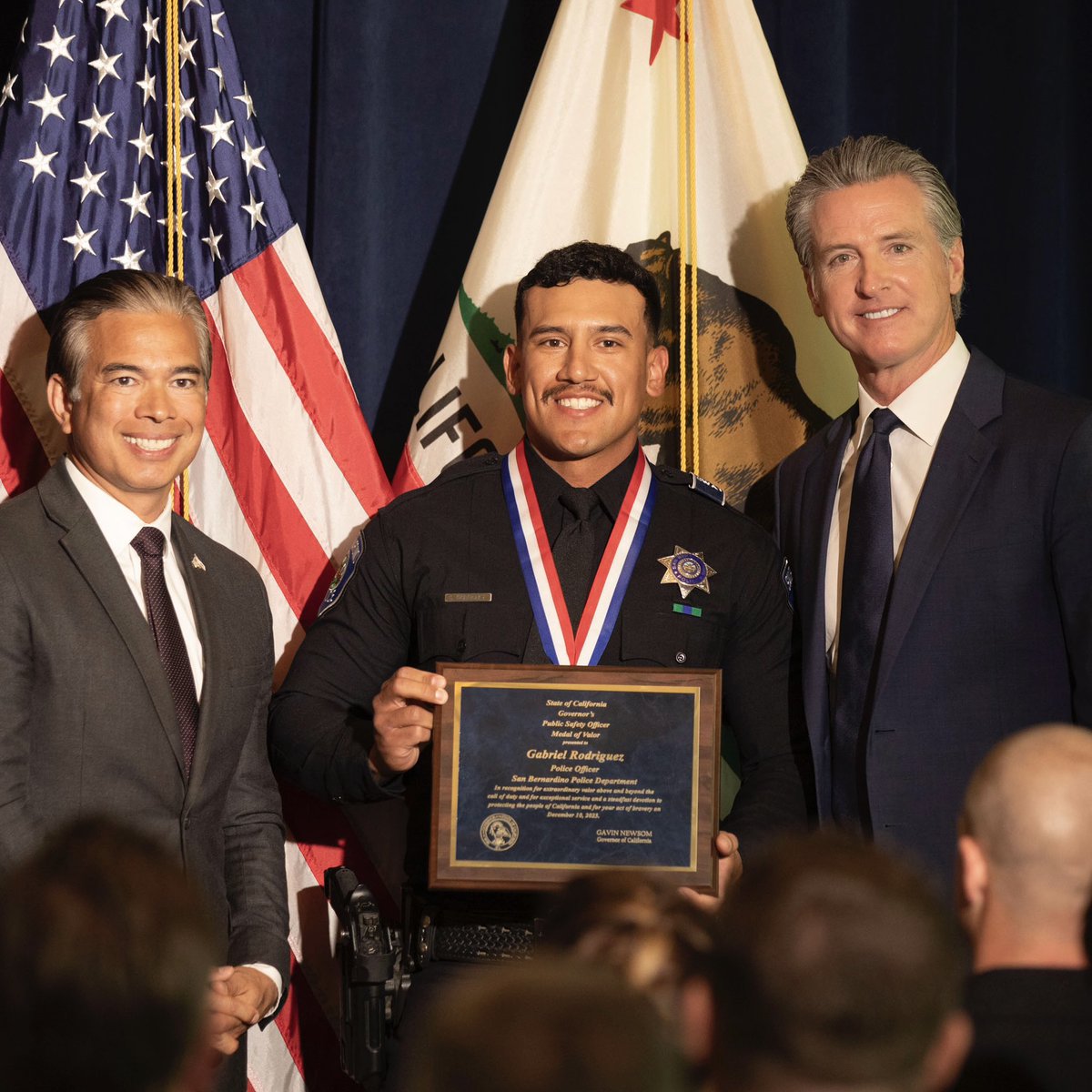 Rob Bonta (@agrobbonta) on Twitter photo Honored to join @CAGovernor in presenting the Medal of Valor to <a href="/CalStateLG/">CA State Lifeguards</a> Ben Sweet and @SanBernadinoPD Officer Gabriel Rodriguez.
When faced with grave danger, these brave individuals chose to go beyond the call of duty to save innocent lives.
CA owes you a debt of Honored to join @CAGovernor in presenting the Medal of Valor to <a href="/CalStateLG/">CA State Lifeguards</a> Ben Sweet and @SanBernadinoPD Officer Gabriel Rodriguez.
When faced with grave danger, these brave individuals chose to go beyond the call of duty to save innocent lives.
CA owes you a debt of