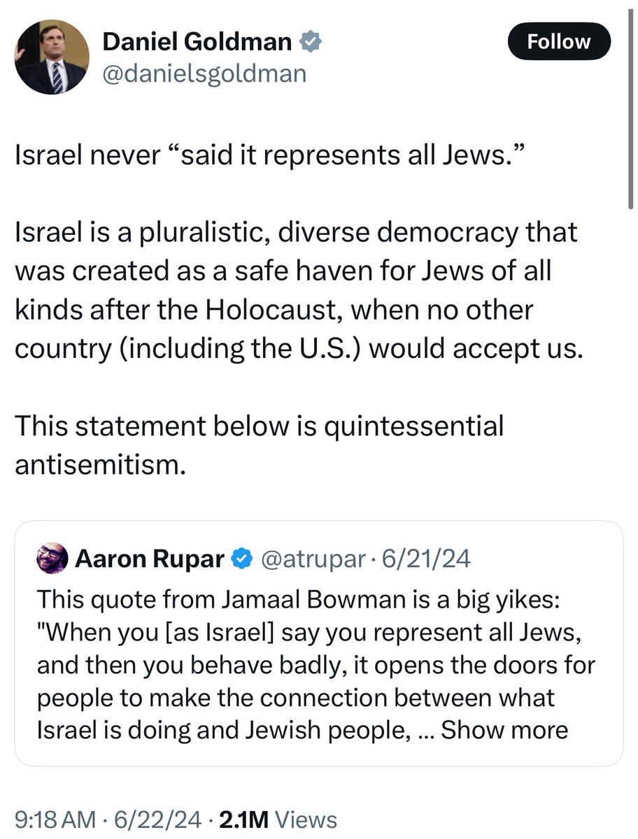 jasper nathaniel (@infinite__jaz) on Twitter photo This is not the first time Dan Goldman weaponized antisemitism to smear a progressive candidate days before a primary. He smeared <a href="/JamaalBowmanNY/">Jamaal Bowman Ed.D.</a> last year for suggesting that Israel was putting Jews in danger by committing violence in their name. This is not the first time Dan Goldman weaponized antisemitism to smear a progressive candidate days before a primary. He smeared <a href="/JamaalBowmanNY/">Jamaal Bowman Ed.D.</a> last year for suggesting that Israel was putting Jews in danger by committing violence in their name.
