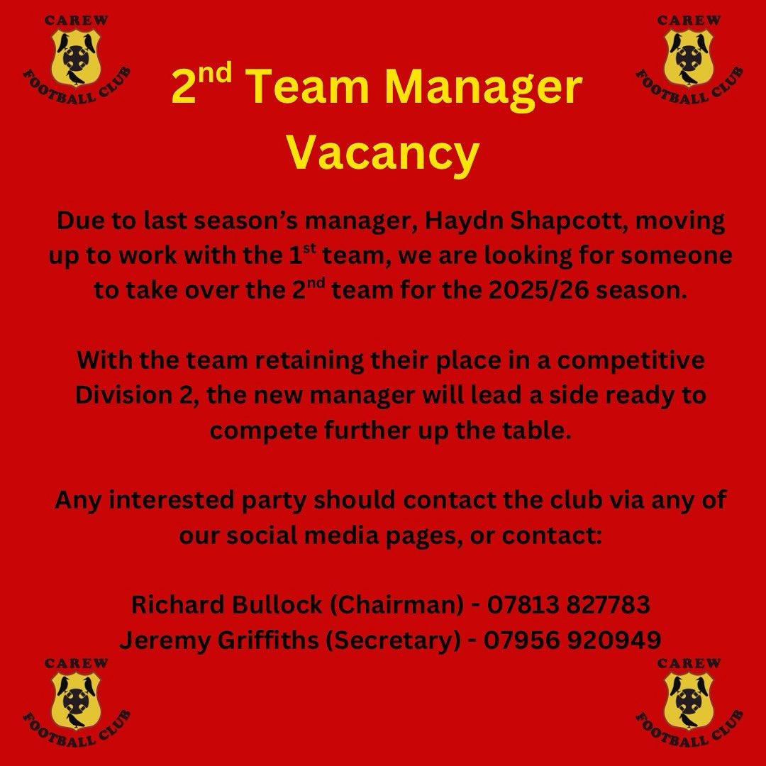 Carew AFC are looking for a new 2nd team manager - please read below ⚽️