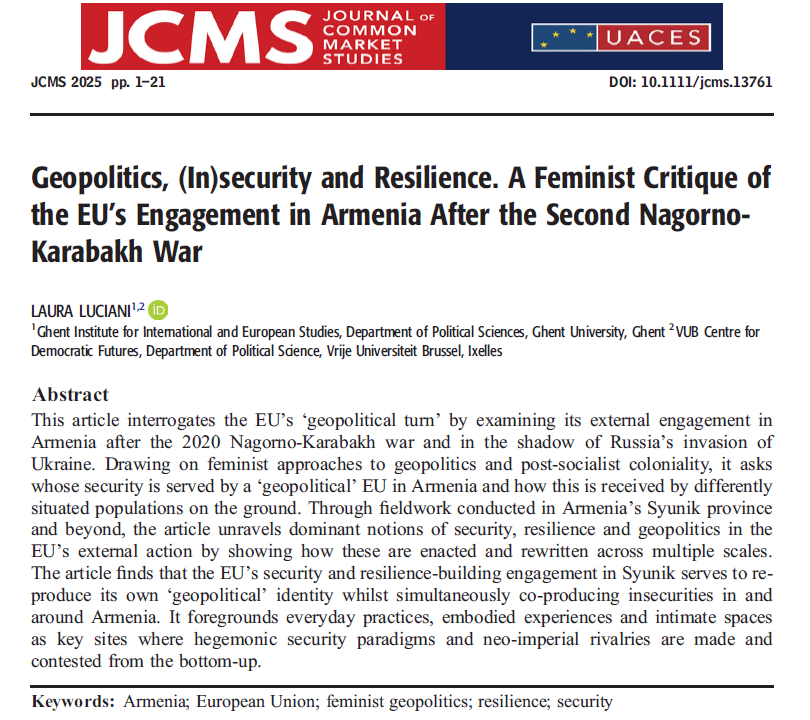 Quite unsettling to share this as Israel wages war on Iran, just across the border from Syunik, where part of my fieldwork took place. Still, proud to see this published in <a href="/JCMS_EU/">JCMS</a> alongside other critical contributions on the EU's global role. onlinelibrary.wiley.com/share/author/F…
