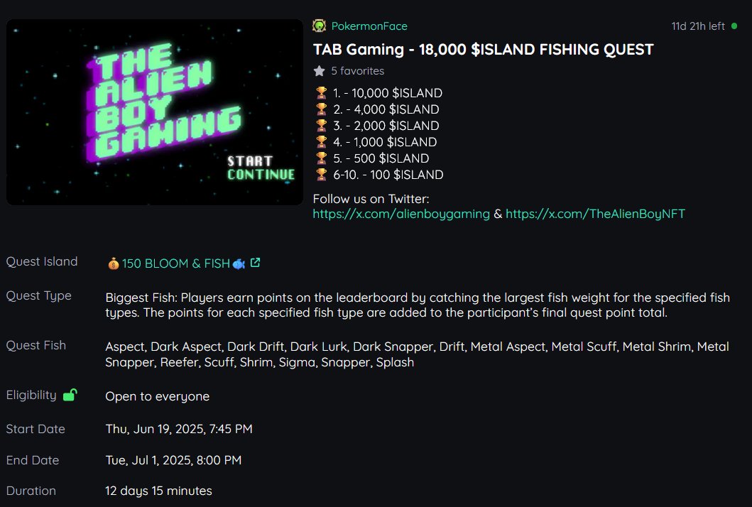 We are running a 18,000 $ISLAND (~$260) fishing quest in <a href="/niftyisland/"></a>!

Make sure to join here:
niftyisland.com/quests/594dee4…

Good luck everyone!