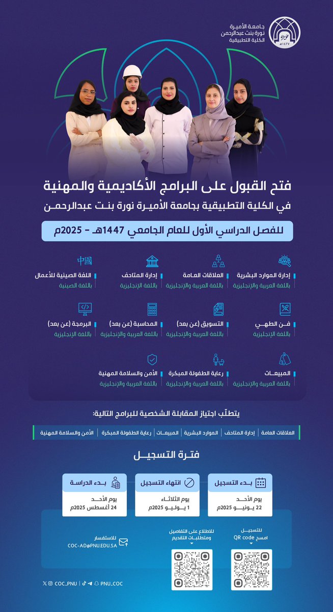 تعلن الكلية التطبيقية بـ #جامعة_الأميرة_نورة بنت عبدالرحمن عن فتح القبول على برامج الدبلوم الأكاديمية والمهنية، ابتداءً من يوم الأحد الموافق 2025/6/22م حتى يوم الثلاثاء الموافق 2025/7/1م.
   
▫️للاطلاع على تفاصيل البرامج ومتطلبات التقديم: 
pnu.edu.sa/ar/Faculties/A…

▫️للتسجـيل:
