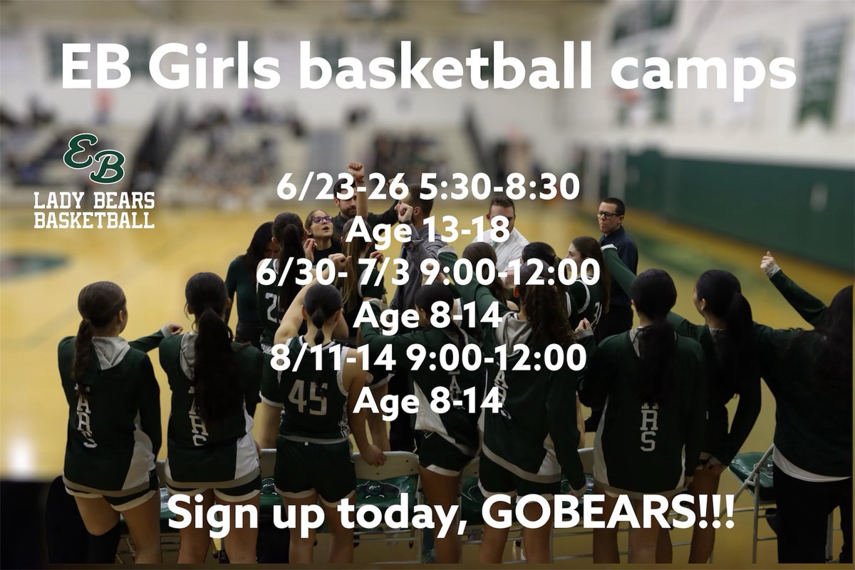🚨Attention All Female Hoopers🚨 
EB Girls basketball camps are BACK!! 
This year we will run back our 3 camps, one for players ages 13-18 &amp; 2 for players ages 8-14. We highly encourage and support any players wanting to improve their game to come, so don’t forget to sign up!!🏀