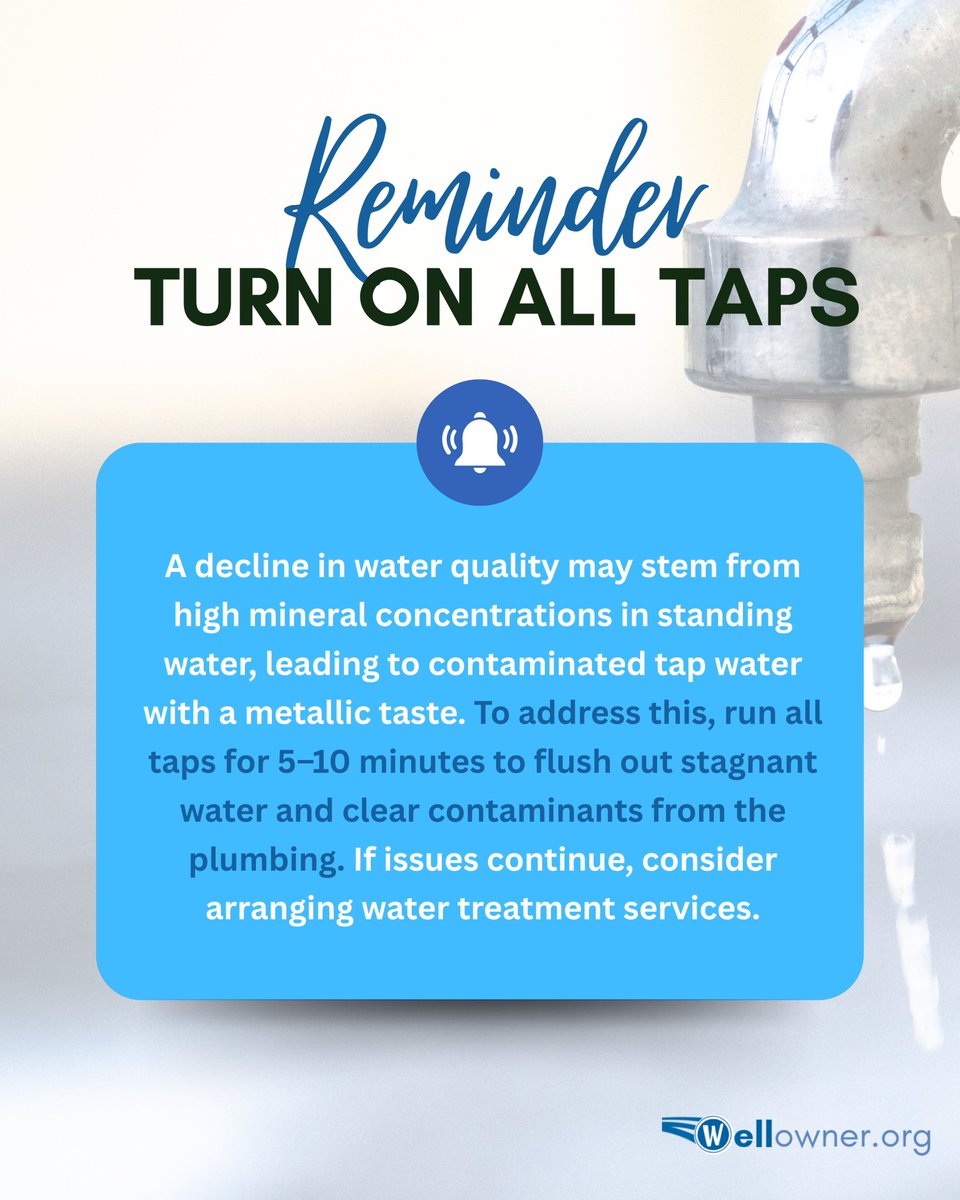 Flushing your water well system is an often overlooked, but important part of maintenance. Letting water sit too long can lead to mineral buildup and a metallic taste. If problems continue, you may need water treatment. 🚰

Find more maintenance tips at wellowner.org
