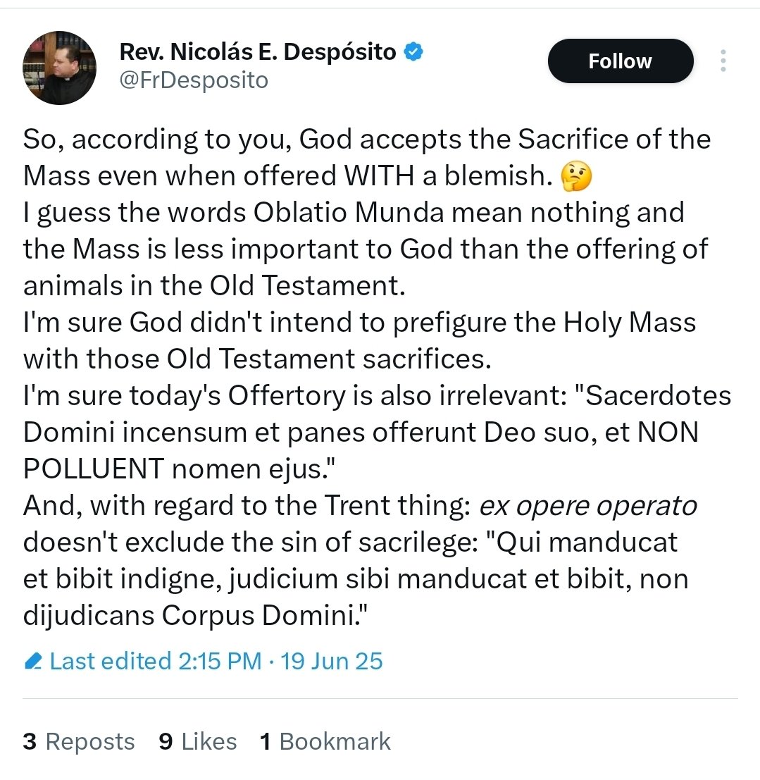 Michael24520531's tweet image. @FrDesposito, rather than replying to my points in @VladSarto's quote tweet thread, has decided to block me and make a sarcastic post addressing the teaching of the Council of Trent concerning the Sacrifice of the Mass. I will therefore respond to his analysis here.