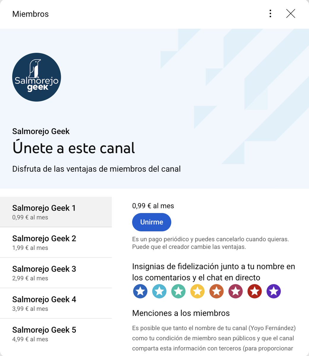 Hola, buenas. Cuando activé la membresía del canal no sabía cómo iba y solo puse el nivel 1 a 0,99 €. Algunos me dijisteis que queríais aportar más y he puesto hasta el nivel 5, más me parece excesivo. Gracias por las sugerencias, es mi primer día.