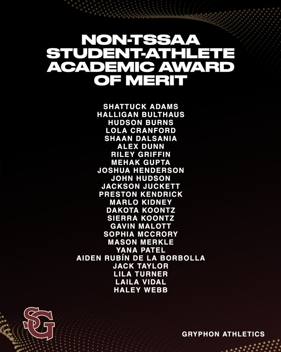 🎉 116 Gryphons have received the Student-Athlete Academic Award of Merit!

They’ve balanced a 3.5+ GPA with athletic excellence—TSSAA &amp; non-TSSAA alike.
Proud of their leadership, focus, and grit! 🏅📚

#GoGryphons