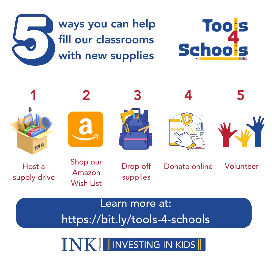 InkInvesting's tweet image. 📣 The 2025–26 School Supply Drive is ON! Now–Aug 31, help us fill St. Johns County classrooms with essential supplies 🎒📚

✅ Host a drive
🛒 Shop: amzn.to/43gKgMK
📍 Drop off: bit.ly/2025SupplyDrive
💵 Donate: bit.ly/Donate2INK
🙋‍♀️ Volunteer!

#Tools4School