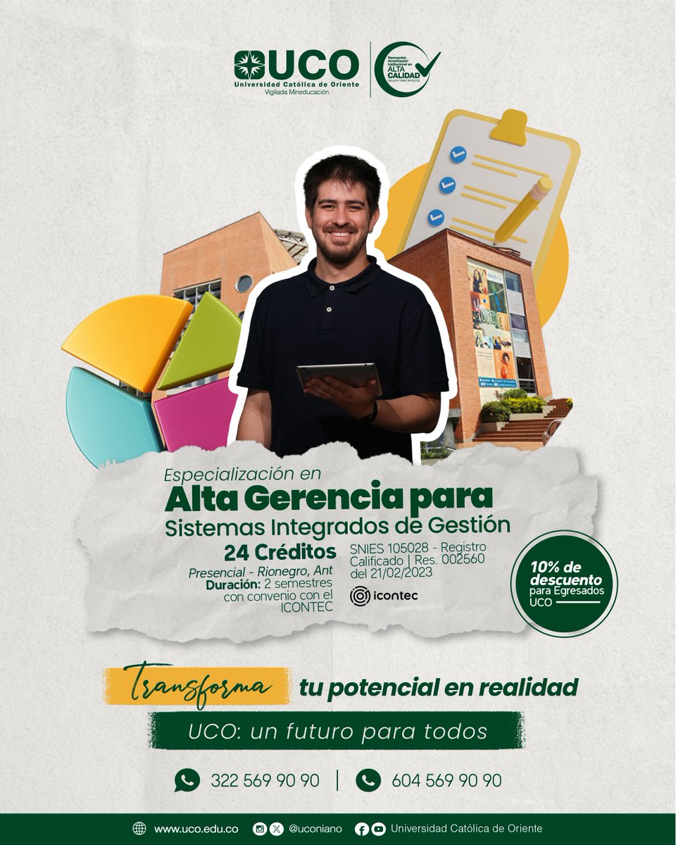 ¡Lleva tu carrera al siguiente nivel! 🚀 Con la Especialización en Alta Gerencia para Sistemas Integrados de Gestión de la UCO, transformarás tu potencial en realidad.  

🤩Haz clic para más información aquí: uco.edu.co/programas/espe…

*Plazo de inscripción hasta el 30 de julio.