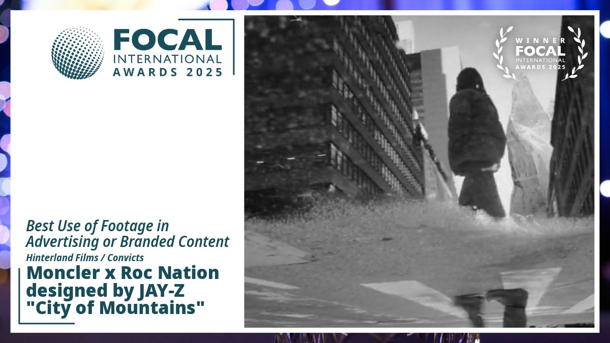 FOCALint's tweet image. Congratulations to the winner of the Best Use of Footage in Advertising or Branded Content award!
🏆 Moncler x Roc Nation designed by JAY-Z "City of Mountains" 🏆
Hinterland Films / Convicts
#FOCALAwards2025