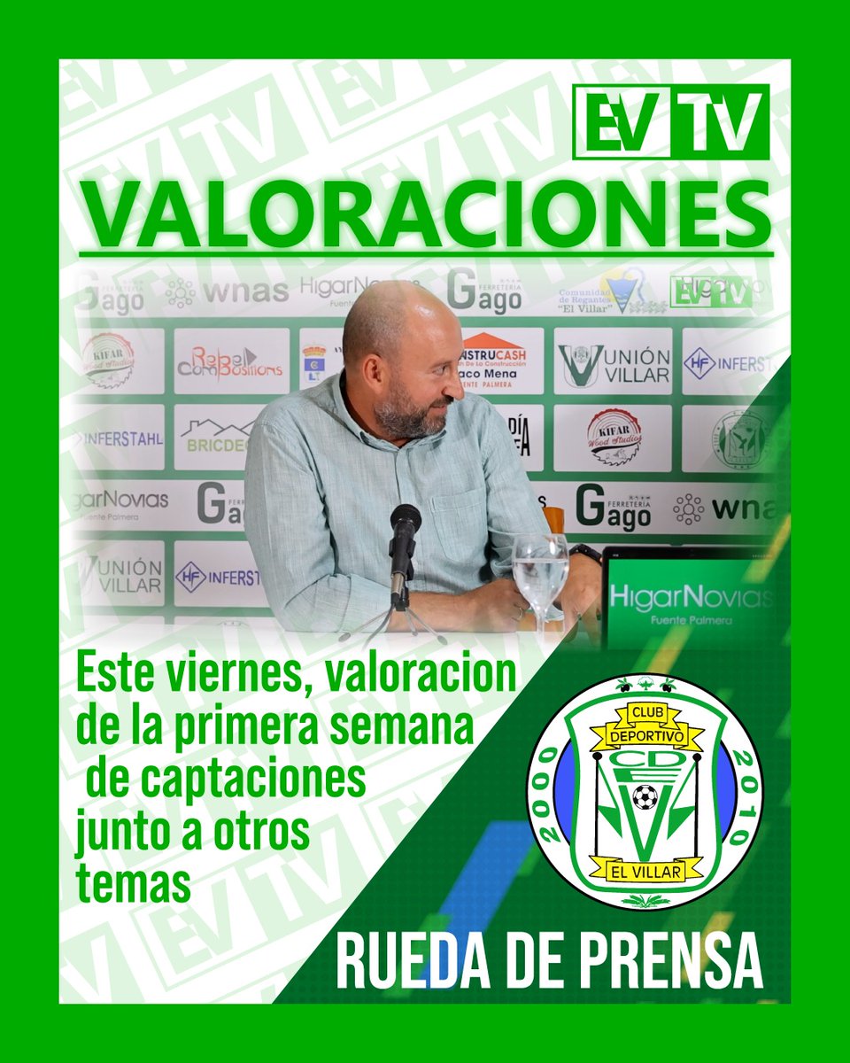 🎙️¡RUEDA DE PRENSA!🎥 Presentación de otro Patrocinador Oficial, valoración de la primera semana de Captaciones y del Mundialito junto a otros temas⚽ Viernes 20 de Junio a las 17:30 h. en directo por @elvillar_tv en Twitch y también en el Instagram de @clubdeportivoelvillar