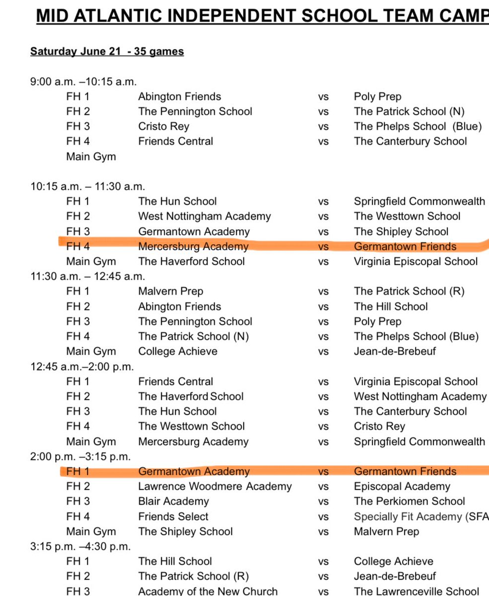 Germantown Friends: Mid Atlantic Independent School Showcase schedule
