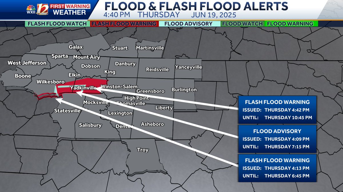 A FLOOD ALERT has been issued for the locations highlighted on the map. For more details, use this link: wxii12.com/weather. Heavy rain may cause urban flooding, river flooding, and/or flash flooding. Remember, never attempt to drive on flooded roads!