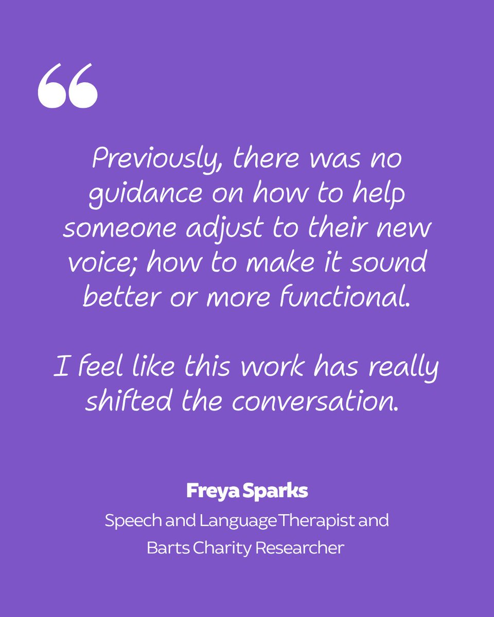 Barts Charity (@barts_charity) on Twitter photo When patients with head and neck cancers have their voiceboxes removed and replaced with a prosthetic, learning how to speak with a brand-new voice can be a challenge.
<a href="/FreyaSparksSLT/">Dr Freya Sparks</a> is a Speech and Language Therapist and Barts Charity Fellow. When she realised there was When patients with head and neck cancers have their voiceboxes removed and replaced with a prosthetic, learning how to speak with a brand-new voice can be a challenge.
<a href="/FreyaSparksSLT/">Dr Freya Sparks</a> is a Speech and Language Therapist and Barts Charity Fellow. When she realised there was