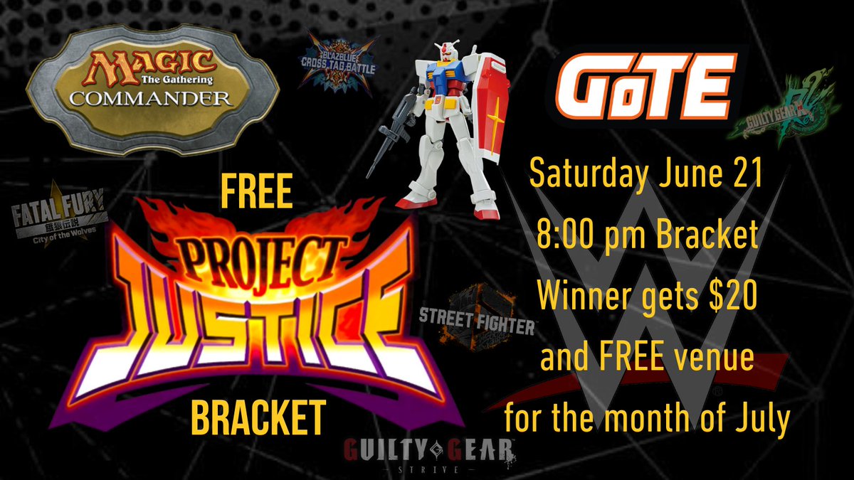 GoTE - Making a Difference (@gamersontheedge) on Twitter photo We are back to whatever normal is. Whether you are there to build a Gundam, play MTG, play some friendlies, watch anime or wrestling, just hang out and have a drink, the winner of Project Justice will get $20 and FREE venue for the month of July. We are back to whatever normal is. Whether you are there to build a Gundam, play MTG, play some friendlies, watch anime or wrestling, just hang out and have a drink, the winner of Project Justice will get $20 and FREE venue for the month of July.