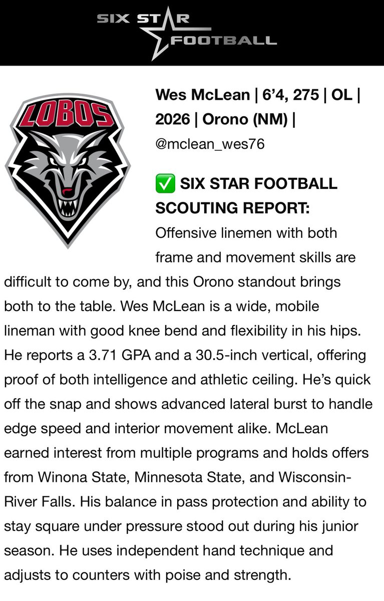 mclean_wes76's tweet image. Thank you @sixstarfootball for the write up after camp last weekend. Had fun competing!
@OronoCoach_Joe @Footballorono @Coach_CBooth @Coach_BerryFB @AaronHaigler @kuchinski8 @Coach_Bergy @CoachBangSDSU @CoachSmith59 @CoachJ_Walsh @coachricknelson @CoachHenning75 @CoachSchlichte