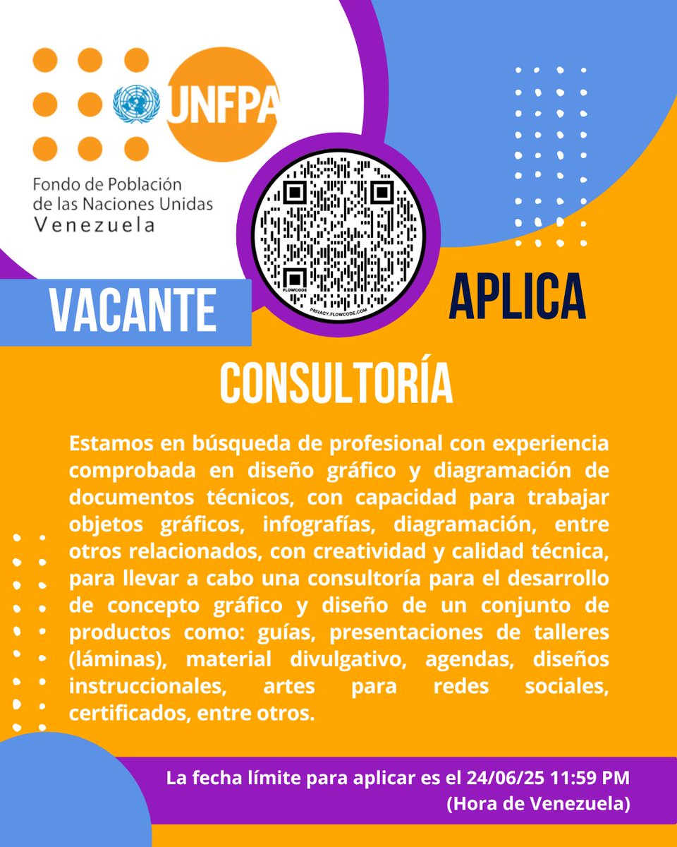 📢 #Vacantes
Estamos en búsqueda de consultorías para:
- Diseño de módulo sobre tecnología de la información.
- Diseño gráfico.
Lee los términos de referencia y aplica ingresando en: unf.pa/3T5arDd 
La fecha límite para aplicar es el 24/06/2025 hora de Venezuela.