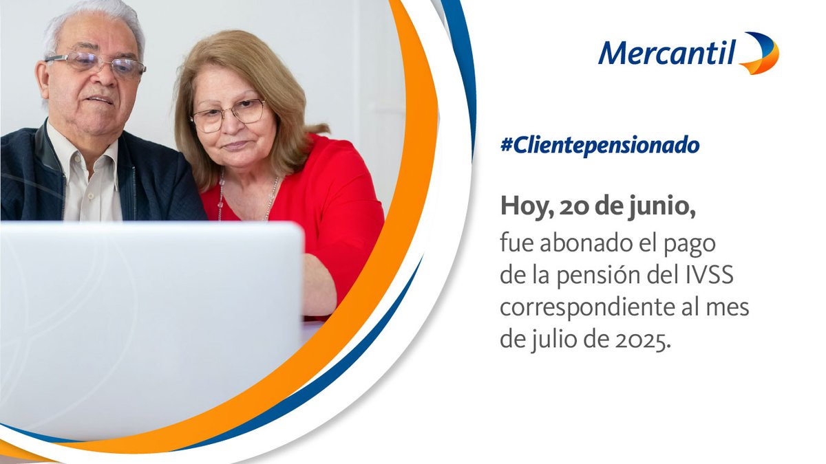 #ClientePensionado hoy #20Jun fue abonado el pago de la #pensión del IVSS correspondiente a julio de 2025. 

Su Tarjeta de Débito Mercantil es la mejor opción para movilizar su dinero. Recuerde no entregársela a extraños.