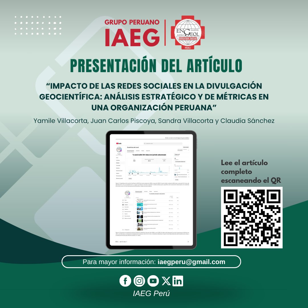 🔍 En este artículo, exploramos cómo las redes sociales pueden ser una herramienta poderosa para promover el conocimiento geocientífico.
🧠 Autores: Yamile Villacorta, Juan Carlos Piscoya, Sandra Villacorta y Claudia Sánchez.
📲 Escanea el código QR 
#IAEGPerú #Geociencias
