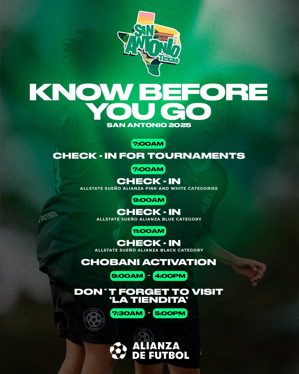 Faltan menos de 24 horas para Alianza de Futbol en San Antonio ‼

Revisa bien los horarios en los que deberás hacer Check In para jugar con tu equipo o hacer tu tryout ⚽ ¡Te esperamos!

#AlianzaDeFutbol