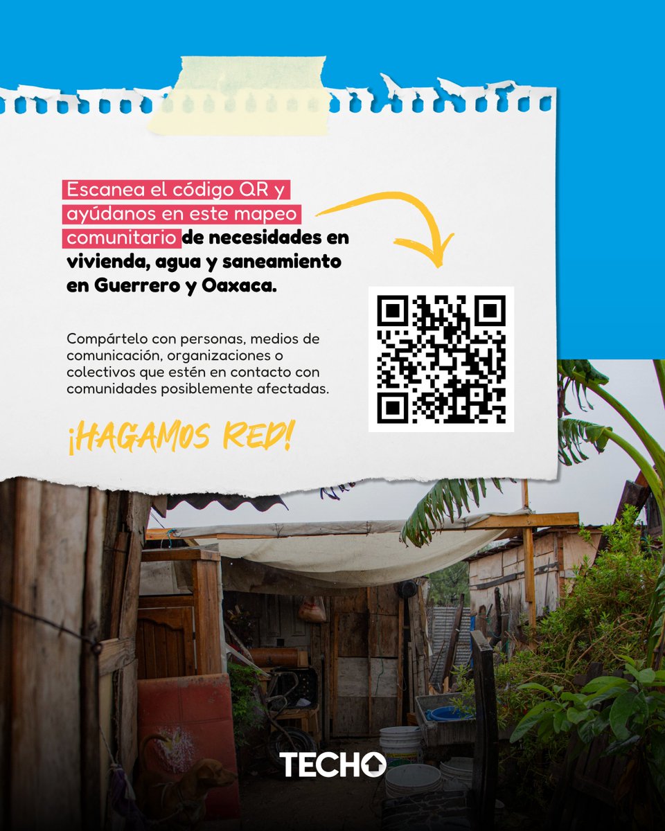 🌀TECHO México inicia mapeo en Guerrero y Oaxaca por posibles afectaciones tras el #Huracanerik 

🏠Vivienda, agua y saneamiento son nuestra prioridad.

📍Si conoces comunidades impactadas, llena el formulario: ee-eu.kobotoolbox.org/x/khLXidMf

🤝comparte esta información.