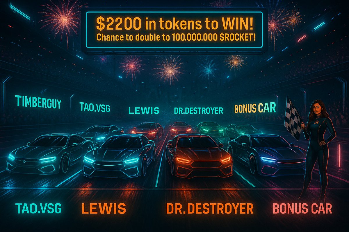 🚦 Start your engines…
🏁 $2,200 in tokens to WIN – and a chance to DOUBLE it to 100,000,000 $ROCKET!

🔥 Current racers at the start line:
Timberguy 🚗
Tao.VSG 🚗🚗
Lewis 🚗🚗🚗
Dr.Destroyer 🚗🚗
Mathis.VSG 🚗🚗
•1 mysterious Bonus Car 👀

⏳ Deposits are OPEN until 1 hour