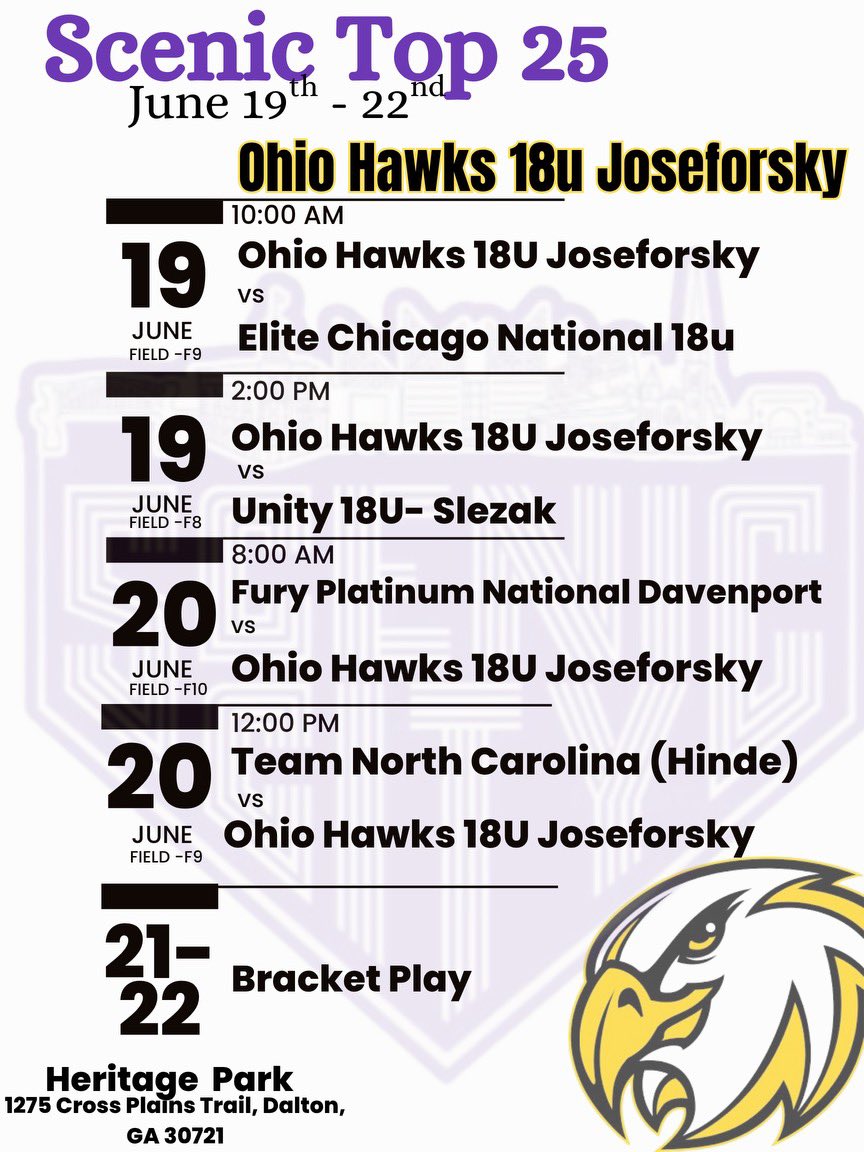 Khamil Martin (@_khamilmartin_) on Twitter photo Updated address, same schedule!
Heritage Park
1275 Cross Plains Trail
Dalton, GA 30721
<a href="/HawksJoseforsky/">Ohio Hawks National Joseforsky 18U</a> Updated address, same schedule!
Heritage Park
1275 Cross Plains Trail
Dalton, GA 30721
<a href="/HawksJoseforsky/">Ohio Hawks National Joseforsky 18U</a>