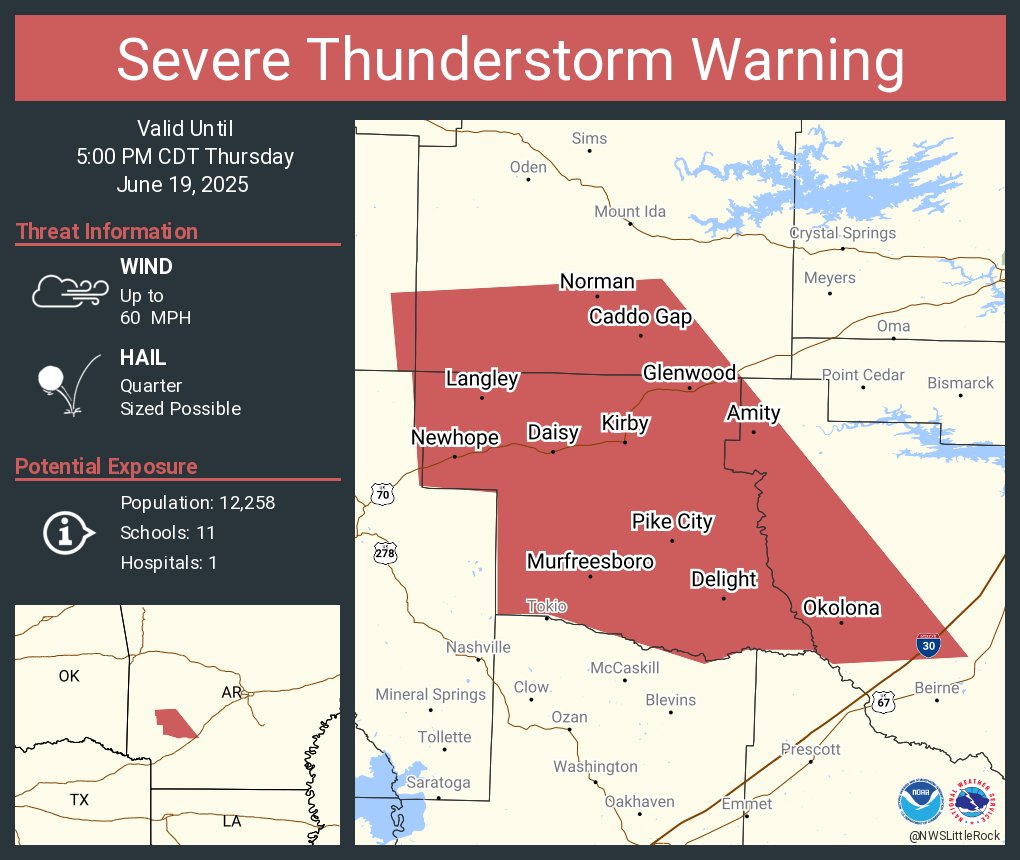 Severe Thunderstorm Warning including Glenwood AR, Murfreesboro AR and  Kirby AR until 5:00 PM CDT