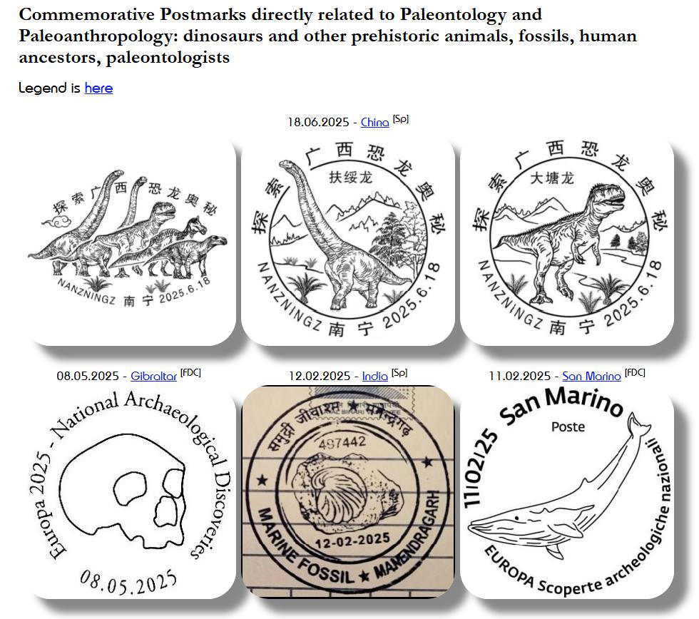 Dinosaurs and other prehistoric animals, fossils, fossil-found places, paleontologists and contributors to Paleontology and Paleoanthropology as well as Natural History Museums on philatelic objects 2025 was updated today: paleophilatelie.eu/year/current.h…