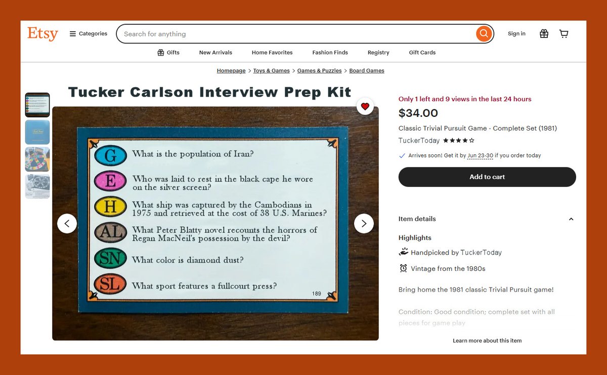 Just found this <a href="/TuckerCarlson/">Tucker Carlson</a> interview prep kit on Etsy. Yahtzee!!