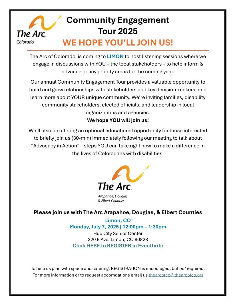 The Arc of Colorado (@thearcofco) on Twitter photo COMMUNITY ENGAGEMENT TOUR 2025 in Limon with The Arc Arapahoe, Douglas & Elbert Counties!
July 7 @ 12:30pm
Hub City Senior Center
Register HERE: eventbrite.com/e/the-arc-of-c…
For more information, email us thearcofco@thearcofco.org COMMUNITY ENGAGEMENT TOUR 2025 in Limon with The Arc Arapahoe, Douglas & Elbert Counties!
July 7 @ 12:30pm
Hub City Senior Center
Register HERE: eventbrite.com/e/the-arc-of-c…
For more information, email us thearcofco@thearcofco.org