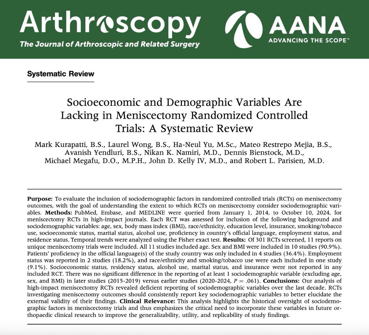 All credit to my co-authors on this incredibly important peer-reviewed study evaluating the socioeconomic and demographic variables of patient’s undergoing arthroscopic meniscectomy of the knee.

Link to study —&gt; arthroscopyjournal.org/article/S0749-…