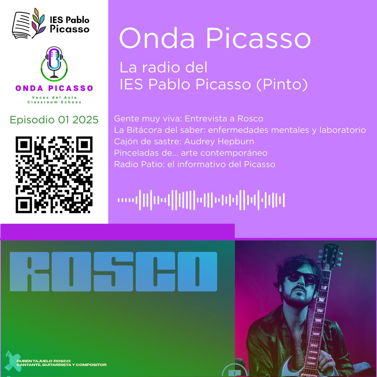 IESPicassoPinto's tweet photo. Onda Picasso,la radio del @IESPicassoPinto,presenta el podcast #1 con este contenido:
•Gente muy viva:entrevista a Rosco @soyrosco
•La Bitácora del saber: enfermedades mentales y laboratorio
•Cajón de sastre:Audrey Hepburn
•Pinceladas de.... arte contemporáneo
•Radio Patio. https://t.co/0s05oEqVVM