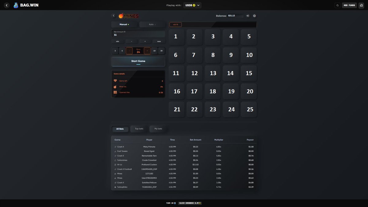 1 square contains a 💎
24 contain a 💣

💸Guess which square holds the 💎 for a chance to win $20 Bonus USD on <a href="/bagdotwin/">Bag.win 💰</a> 
👇 Reply below to secure the 💰