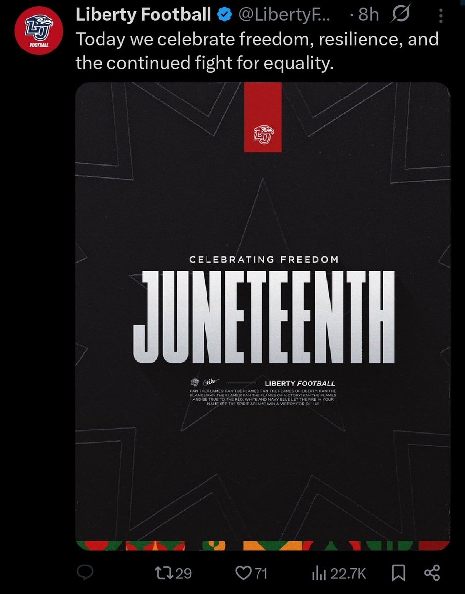 TheCUSACentel's tweet image. #DEVELOPING🚨: @LibertyFootball has turned off the comments on their  Juneteenth post due to backlash from Liberty fans wanting to keep the racist culture of Lynchberg, VA intact.

This is not the first time Liberty has had backlash from posts of this nature #FanTheFlame